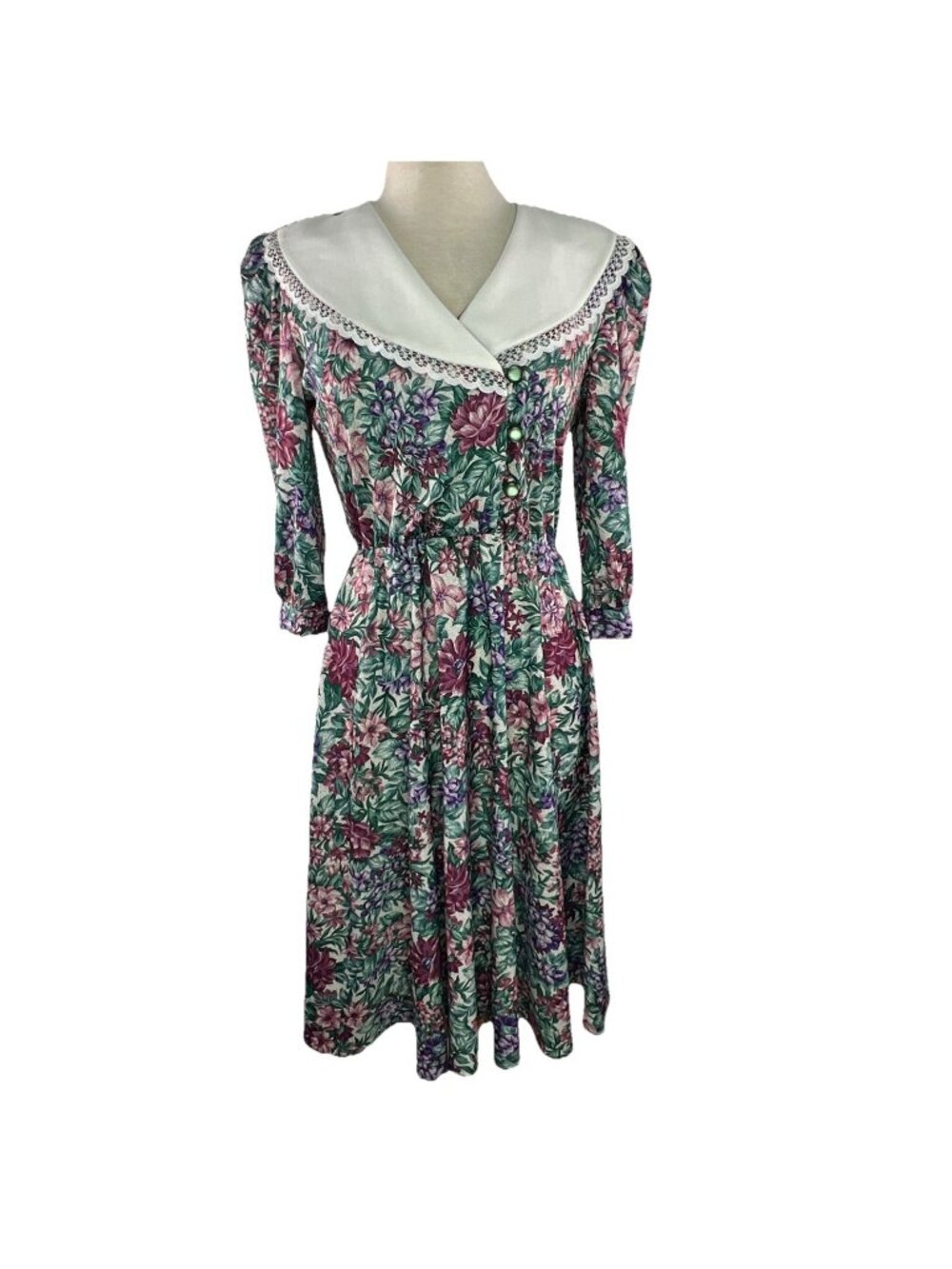 Vtg 80s Sz 8P Whirlaway Frocks Floral Midi Dress White Collar Made in the USA